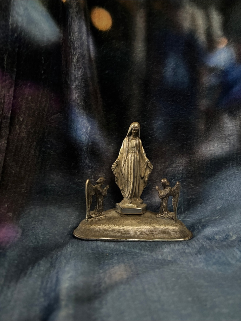 Vintage Brass Finish Virgin Mary Figurine with Kneeling Angels